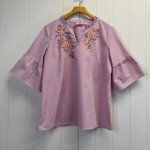 Quacker Factory by Jeanne Bice Whimsical Floral Embroidered Top Size L Striped